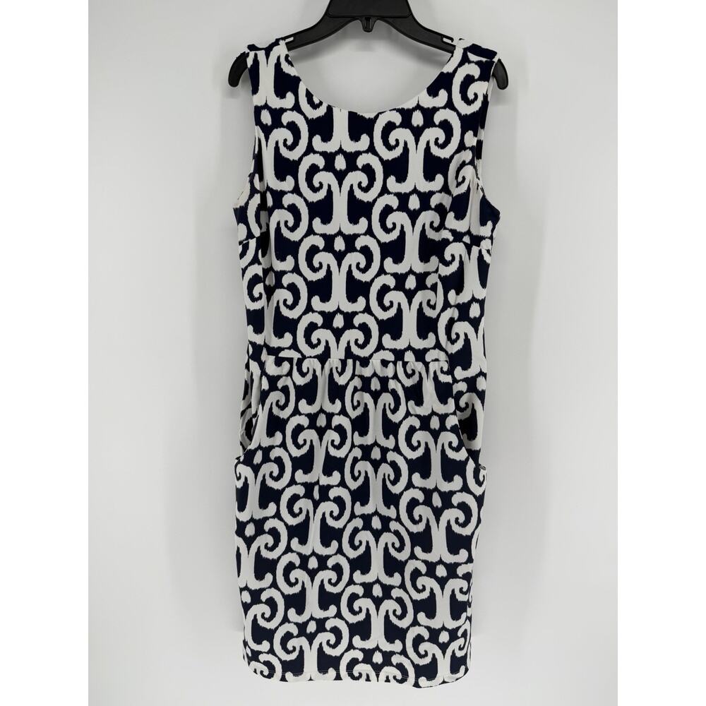 Jude Connally Beth Shift Dress Medium Sleeveless Navy Blue White Stretch Pockets